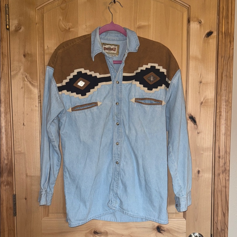 VINTAGE Denim Shirt with Brown and Black Details